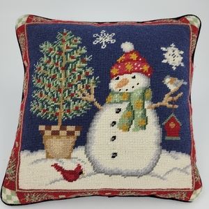 Winter Holiday Needlepoint Throw Pillow Snowman Tree Bird Snowflake Velvet